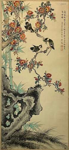 Flower and Bird, Silk Scroll, Yan Bolong