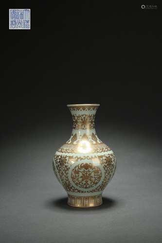 Yellowish Pea Green Glazed Vase with Interlaced Lotus Flower...