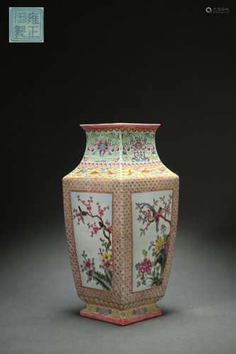 Square Famille Rose Vase with Floral Design on Decorated Win...