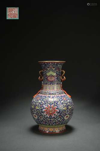 Famille Rose Vase with Interlaced Lotus Flower Design and Ru...