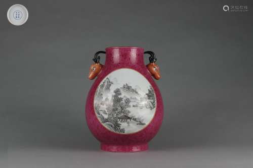 Carmine Red Glazed Zun-vase with Landscape Design on Decorat...