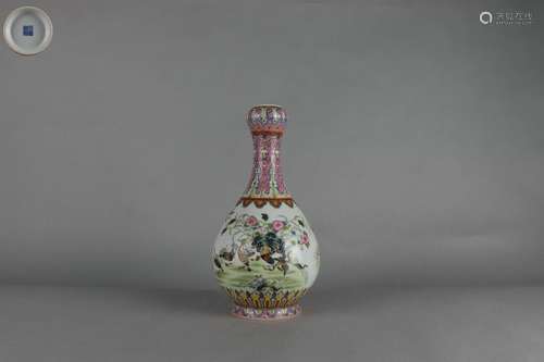 Famille Rose Garlic-shaped Vase with Flower, Bird and Poem P...