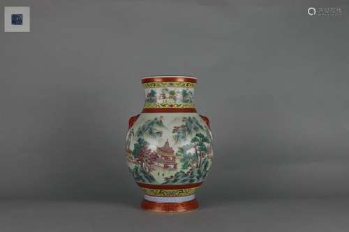 Colored Enamel ZUN-vase with Gold Outlining Design and Lands...