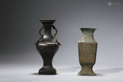Bronze Ring-shaped Ears Vase   Bronze Vase with Brocade Desi...