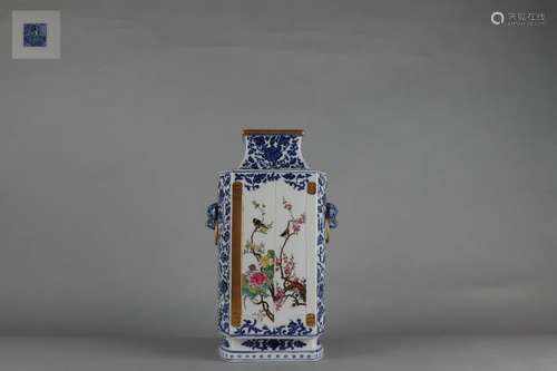 Blue-and-white ZUN-vase with Gold Outlining and Famille Rose...