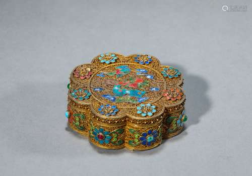 Cloisonne Enameled Covered Box with Floral Design and Gems I...