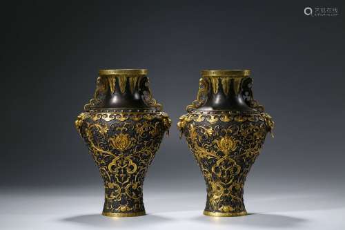 Pair Bronze Vases with Partial Gilt Design and Double Animal...