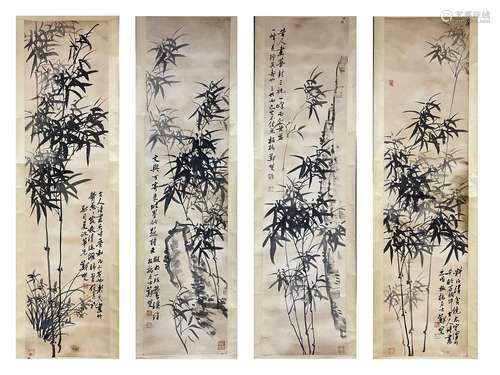 Four Pieces Ink Bamboo Painting, Hanging Scroll, Zheng Banqi...