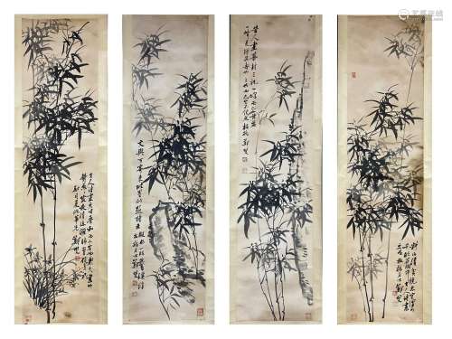 Four Pieces Ink Bamboo Painting, Hanging Scroll, Zheng Banqi...