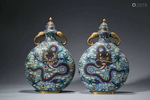 Pair Cloisonne Enameled Oblate Vases with Double Elephant-sh...