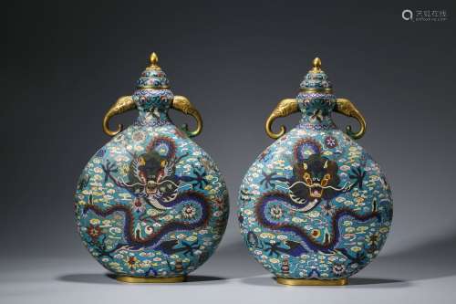 Pair Cloisonne Enameled Oblate Vases with Double Elephant-sh...
