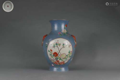 Famille Rose Double Ears Vase with Floral Design on A Decora...