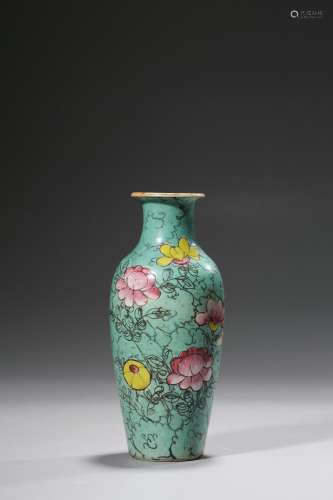 Small Famille Rose Vase with Floral Design on A Turquoise Gr...