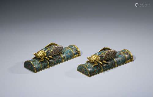 Pair Cloisonne Enameled Cicada-shaped Paperweights