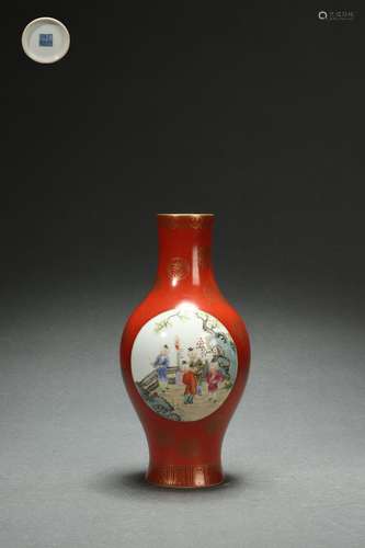 Carmine Red Glazed Olive-shaped Vase with Famille Rose Desig...