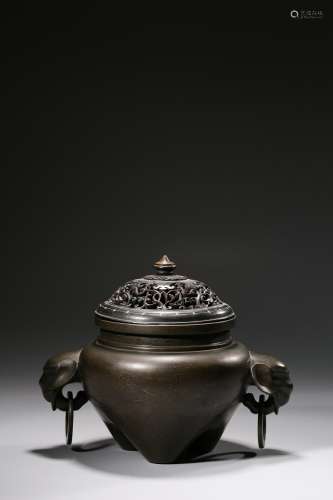 Bronze Censer with Elephant-shaped Ears and Silver Wires Inl...