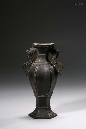 Hexagonal Bronze Vase with Dragon-shaped Ears