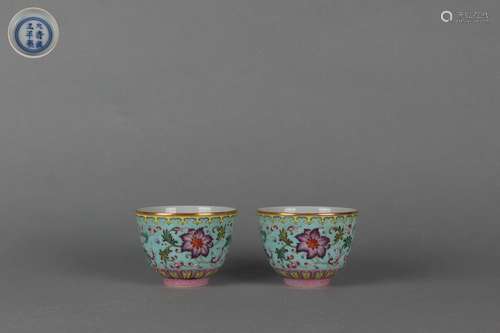 Pair Famille Rose Cups with Gold Outlining Design and Flower...