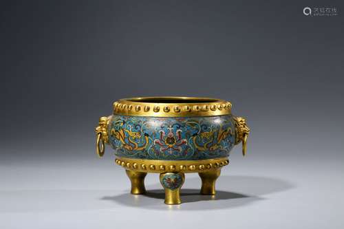 Cloisonne Enameled Censer with Tri-legged and Double Lion-sh...