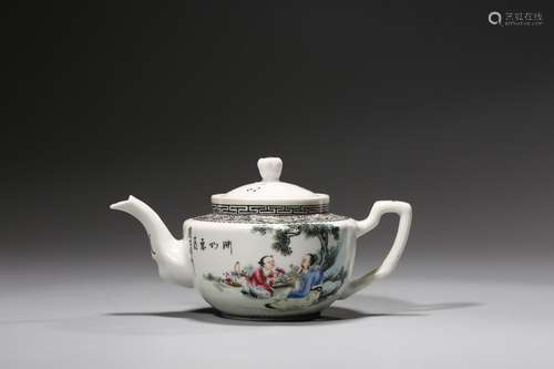 Famille Rose Teapot with Figure and Poem Design