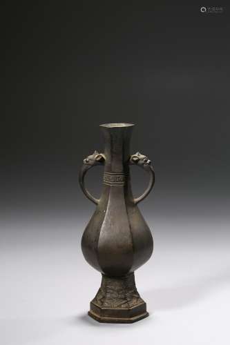 Hexagonal Bronze Vase with Animal-shaped Ears