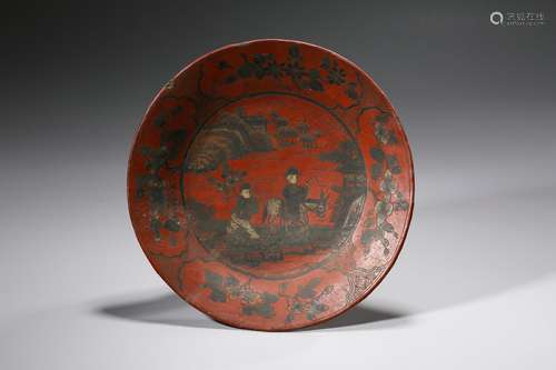 Chinese Lacquer Dish with Colored Drawing Design and Figure ...