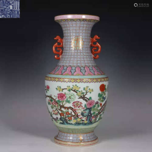Famille Rose Vase with the Pattern of Florals and Animals in...