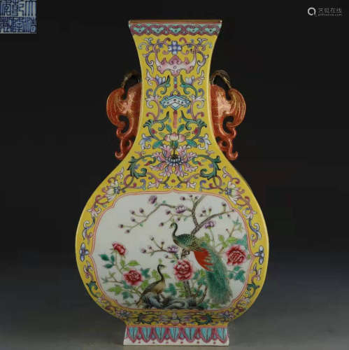 Famille Rose Yellow Vase with the Pattern of Window and Peac...