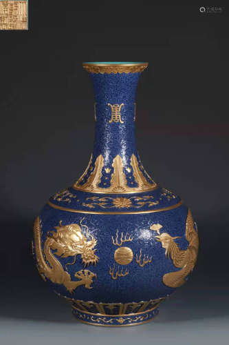 Sapphire Blue Gold Vase Carved with Banana Leaf and Lotus
