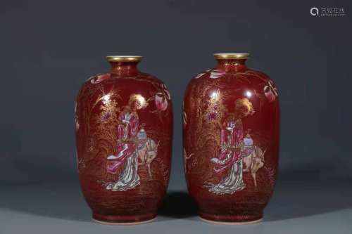 A Pair of Red Prunus Vase with Gold