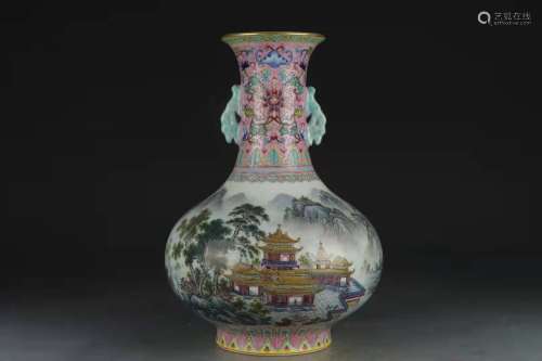 Famille Rose Vase with the Pattern of Landscape and Attic in...
