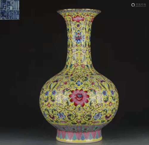 Famille Yellow Vase with the Pattern of Flower and Lotus in ...