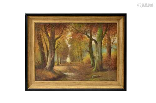 An Oil of A Path in the Autumn on Canvas by H. Verhaaf