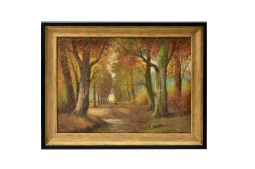 An Oil of A Path in the Autumn on Canvas by H. Verhaaf