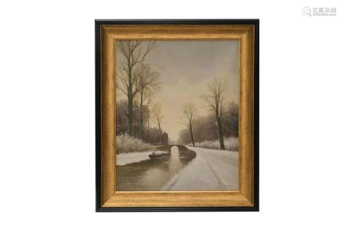 An Oil of Bridge in the Winter on Canvas by H. Verhaaf