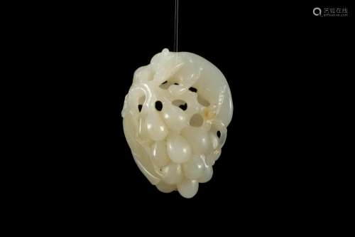 A Carved Hetian White Jade Squirrel and Grapes Pendant
