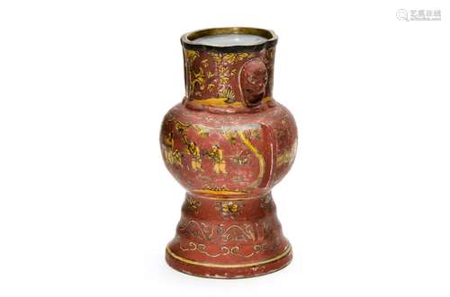 A Red-Ground Figural Gu Vase with Wangli Mark