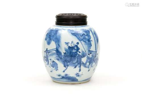 A Blue and White Figural Storied Jar with Carved Lid