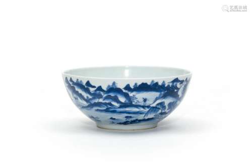A Blue and White Landscape Bowl with Kangxi Mark