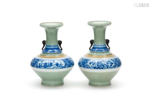 A Pair of Celadon Blue and White Stories Vases