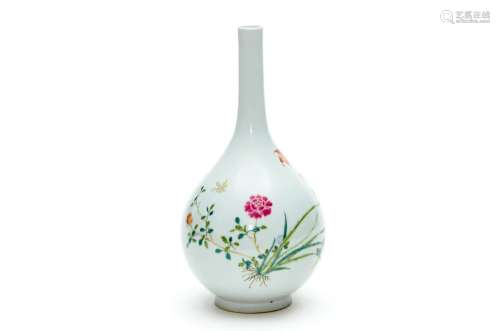 A Famille Rose Flower and Butterfly Long Neck Vase with