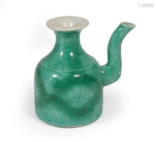 A Chinese Green Glazed Porcelain Ewer, 19th century, of ovoi...