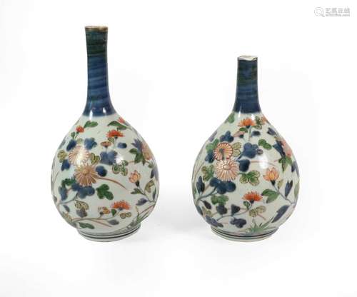 A Pair of Imari Porcelain Bottle Vases, circa 1700, typicall...