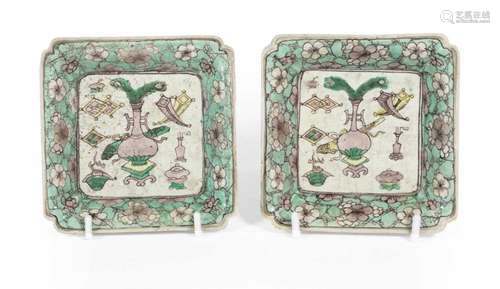 A Pair of Chinese Porcelain Sweetmeat Dishes, Kangxi, of squ...