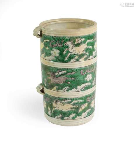 A Chinese Porcelain Cylindrical Box, Kangxi, with mask handl...