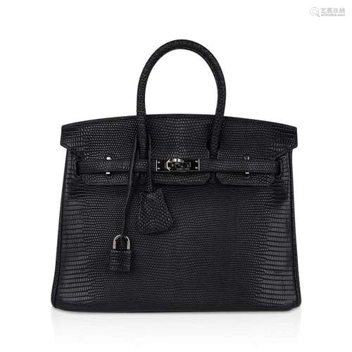 Hermes Matte Black Varanus Salvator Lizard Birkin 25