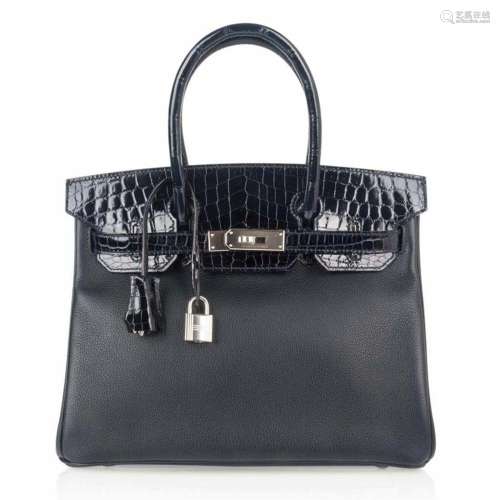 Hermes Marine Crocodile & Black Leather Birkin Touch 30