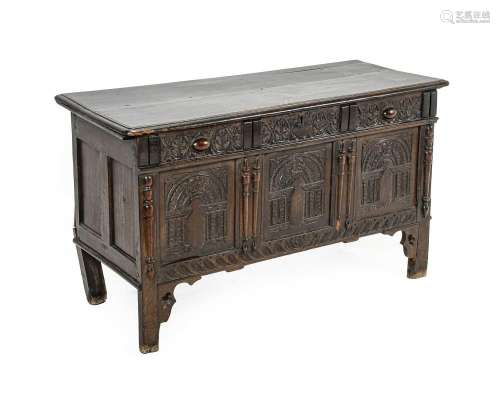 A Joined Oak Chest, late 17th century, the later hinged lid ...