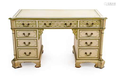 A 20th Century Cream and Green Painted Double Pedestal Desk,...