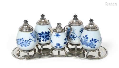 A Five-Piece Ottoman Silver-Mounted Japanese Porcelain Writi...